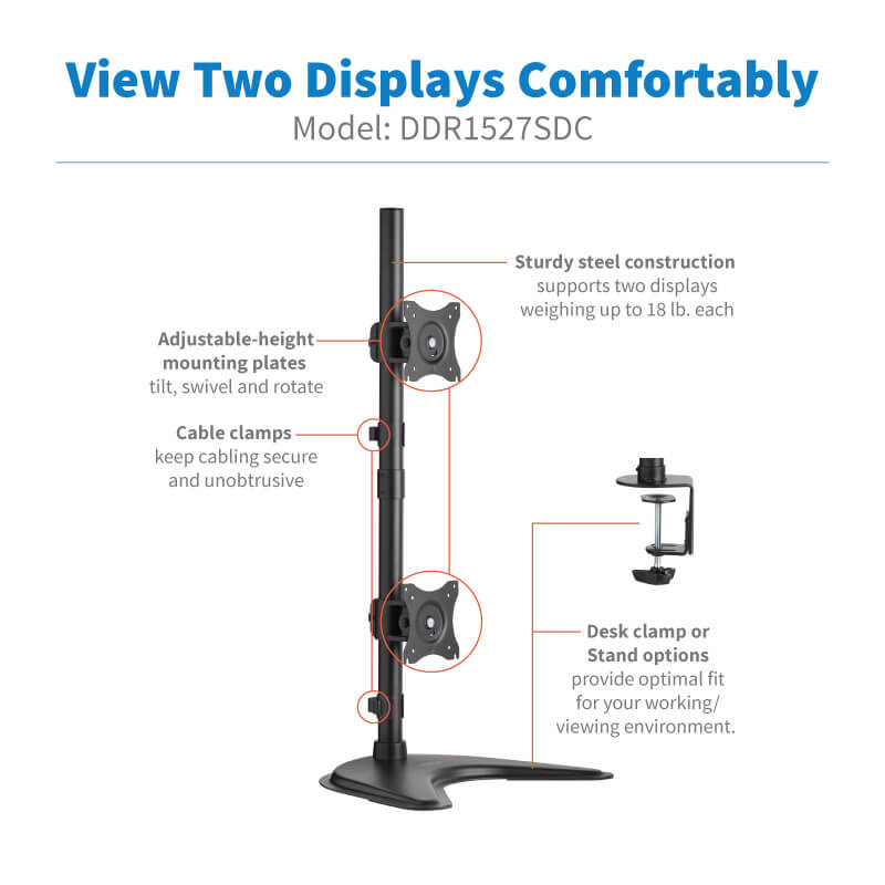 Dual Vertical Desk Mount Monitor Stand Swivel Tilt Rotate 15-27"